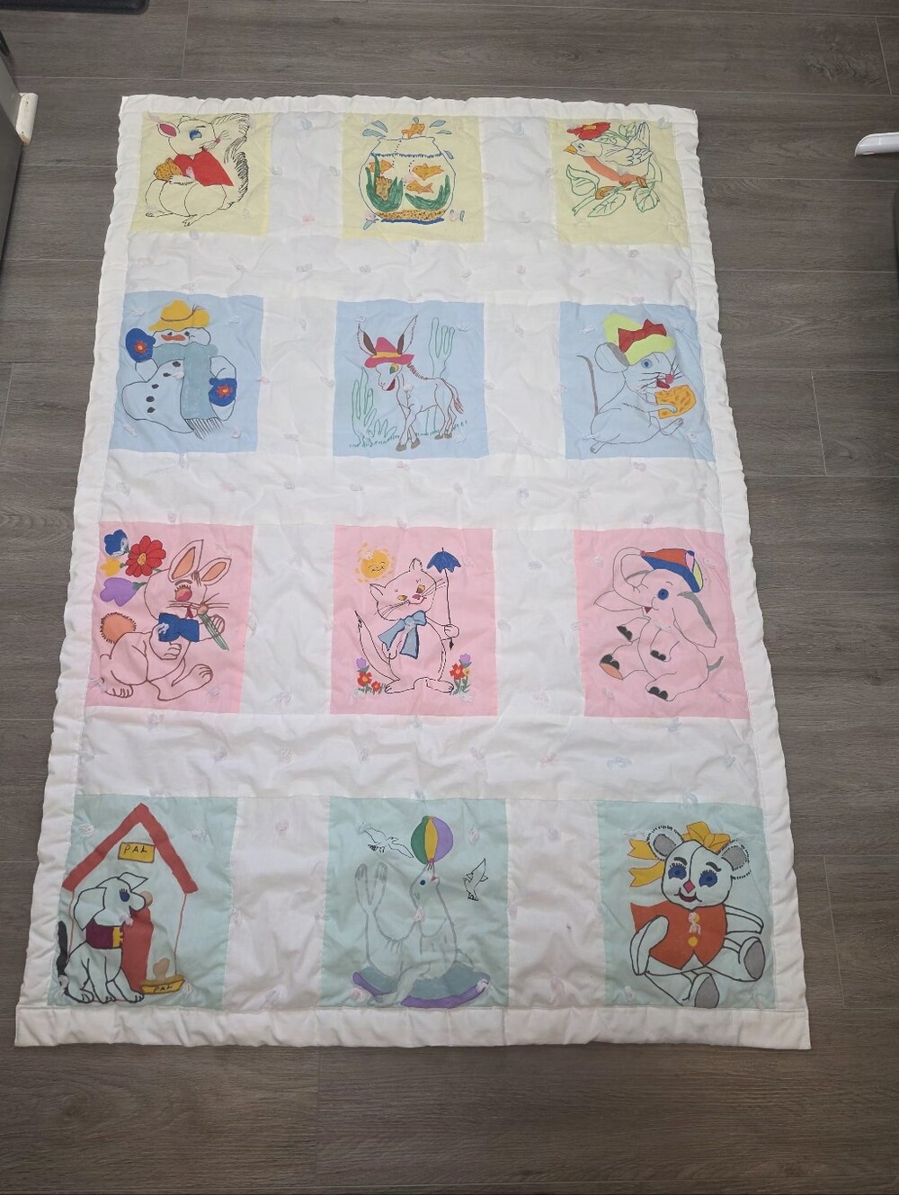 Vintage Hand Made Liquid Embroidery Baby Blanket/ Quilt 12 Squares 39 X 58